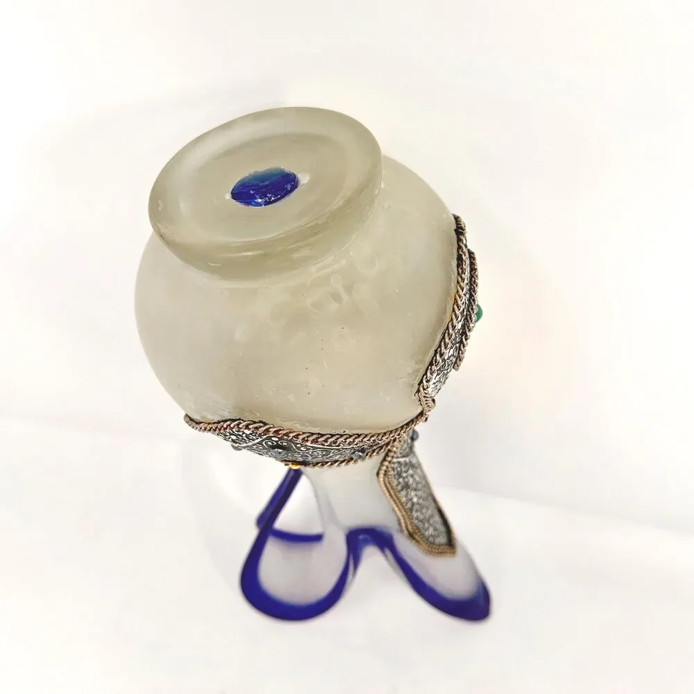 Vintage Moroccan Art Glass Vase Cobalt Blue Ruffled Hand Blown Metal Overlay Boh